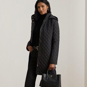 Ralph Lauren Black Diamond Quilted long Hooded Coat Horsebit Chain Lining